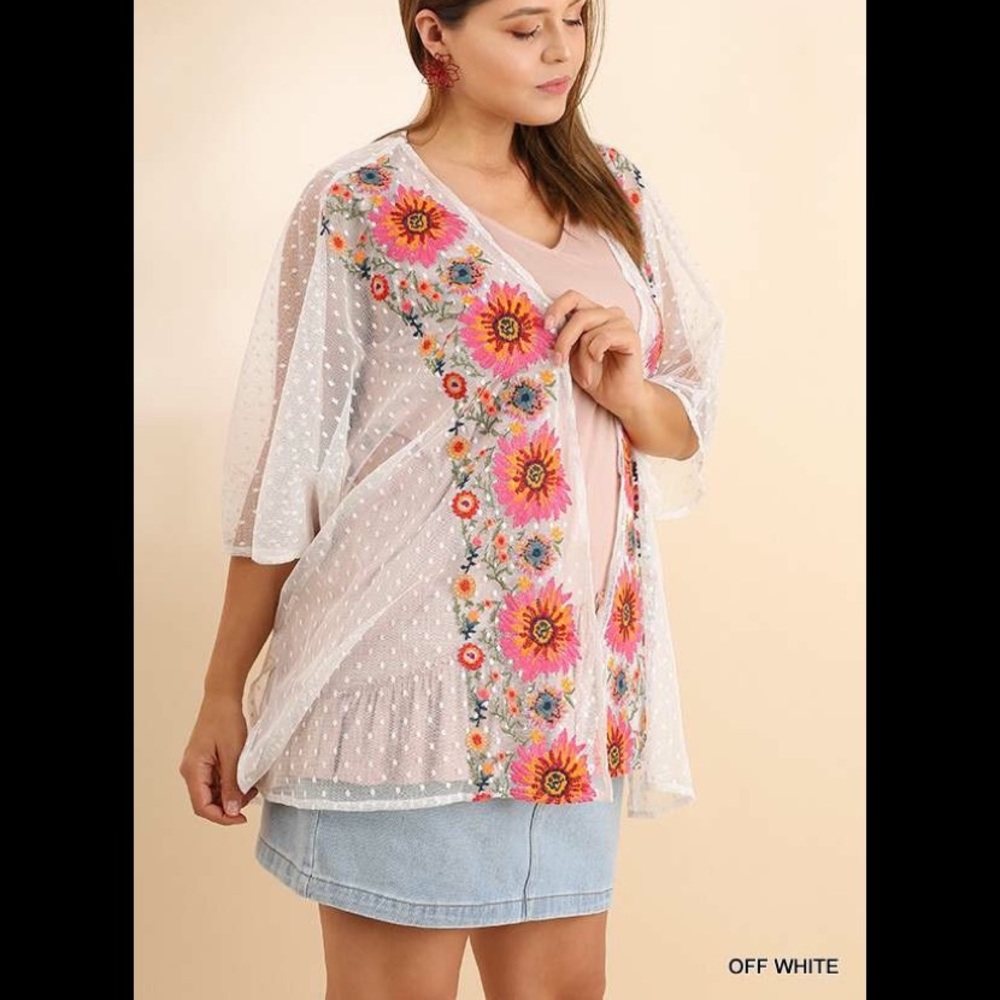 White kimono with pink floral embroidery